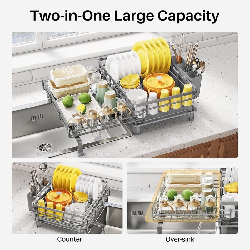 SNTD Dish Drying Rack - Extendable Dish Rack, Large Sink Drying Dish Drainer for Kitchen Counter, Stainless Steel Dish Strainer with Utensil Holder (Grey) - Image 3